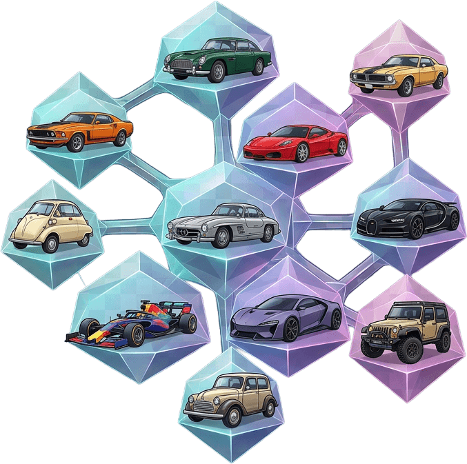 Ilustracja przedstawiająca sieć kolekcjonerskich modeli pojazdów w stylu kryształowych gemów